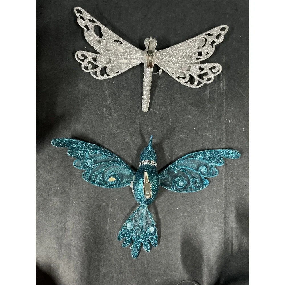 12 Silver/Blue Glittered‎ Christmas Ornaments:Butterflies Dragonfly Bird Flowers